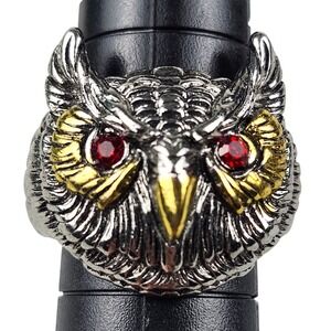 925 Sterling Silver Rhinestone Eyes Gold Tone Owl Ring Mens Biker Punk Size 9.5